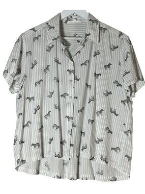 Jane + Delancey Striped Zebra Novelty Print Button Down Blouse Short Sleeve L